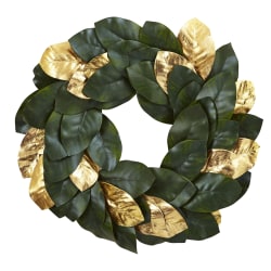 Nearly Natural Polyester Golden Leaf Magnolia Wreath, 22", Gold/Green