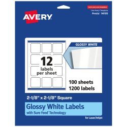 Avery® Glossy Permanent Labels With Sure Feed®, 94105-WGP100, Square, 2-1/8" x 2-1/8", White, Pack Of 1,200
