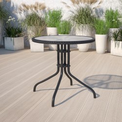 Flash Furniture Barker Round Tempered-Glass Metal Outdoor Furniture Table With Rattan Edging, 28"H x 28-3/4"W x 28-3/4"D, Clear/Black
