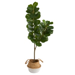 Nearly Natural Fiddle Leaf Fig 54"H Artificial Tree With Handmade Woven Planter, 54"H x 8"W x 8"D, Green/Tan White