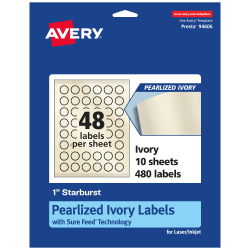 Avery® Pearlized Permanent Labels With Sure Feed®, 94606-PIP10, Starburst, 1", Ivory, Pack Of 480 Labels