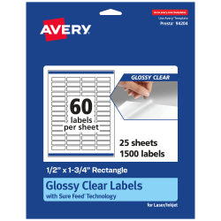 Avery® Glossy Permanent Labels With Sure Feed®, 94204-CGF25, Rectangle, 1/2" x 1-3/4", Clear, Pack Of 1,500