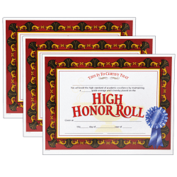 Hayes Certificates, 8-1/2" x 11", High Honor Roll, Red, 30 Certificates Per Pack, Set Of 3 Packs