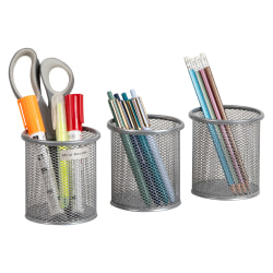 Mind Reader Pen And Accessories Holder, 3-3/4"H x 3-1/2"W x 3-1/2"D, Silver, Pack Of 3 Holders