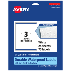 Avery® Waterproof Permanent Labels With Sure Feed®, 94245-WMF25, Rectangle, 2-1/2" x 4", White, Pack Of 75
