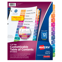 Avery® Ready Index® 1-12 Tab Binder Dividers With Customizable Table Of Contents, 8-1/2" x 11", 12 Tab, White/Multicolor, Pack Of 3 Sets