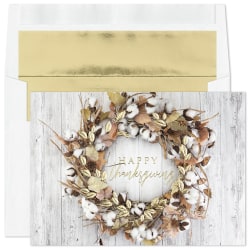Custom Embellished Thanksgiving Holiday Cards And Foil Envelopes, 7-7/8" x 5-5/8", Rustic Autumn Wreath, Box Of 25 Cards