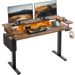 Bestier 59"W Electric Adjustable-Height Standing Desk With Monitor Riser, Cup Holder And Hooks, Rustic Brown