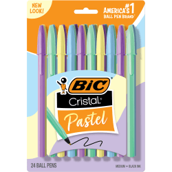 BIC Cristal Pastel Ballpoint Pens, Black Ink, Pastel Colored Barrels, Pens for Journaling, 24-Count Pack