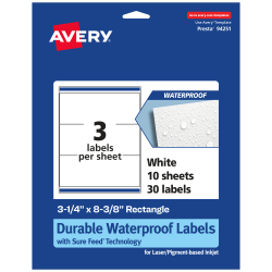 Avery® Waterproof Permanent Labels With Sure Feed®, 94251-WMF10, Rectangle, 3-1/4" x 8-3/8", White, Pack Of 30