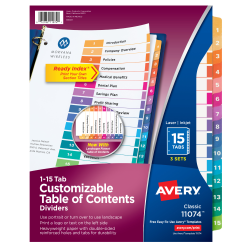 Avery® Ready Index® 1-15 Tab Binder Dividers With Customizable Table Of Contents, 8-1/2" x 11", 15 Tab, White/Multicolor, Pack Of 3 Sets