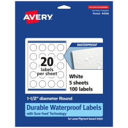 Avery® Waterproof Permanent Labels With Sure Feed®, 94506-WMF5, Round, 1-1/2" Diameter, White, Pack Of 100
