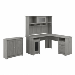 Bush Business Furniture Cabot 60"W L-Shaped Corner Desk With Hutch And Small Storage Cabinet With Doors, Modern Gray, Standard Delivery