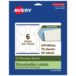 Avery® Print-to-the-Edge Dissolvable Labels With Sure Feed® Technology, 94513-DWMP10, Round, 3", Matte Off-White, Pack Of 60