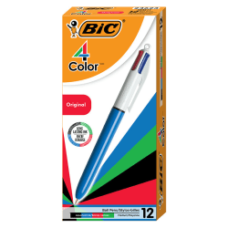 BIC 4-Color Retractable Ballpoint Pens, Medium Point, 1.0 mm, Blue/White Barrel, Assorted Ink Colors, Pack Of 12 Pens