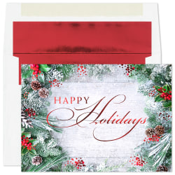 Custom Embellished Holiday Cards And Foil Envelopes, 5-5/8" x 7-7/8", Frosted Greens, Box Of 25 Cards/Envelopes