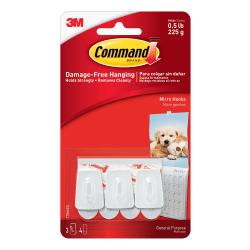 3M Command General Purpose Removable Plastic Hooks, Micro, 0.5 Lb Capacity, Pack Of 3