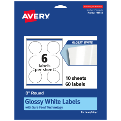Avery® Glossy Permanent Labels With Sure Feed®, 94513-WGP10, Round, 3" Diameter, White, Pack Of 60