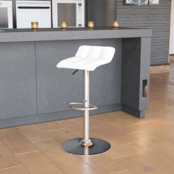 Flash Furniture Contemporary Vinyl Adjustable Height Barstool with Quilted Wave Seat and Chrome Base, White