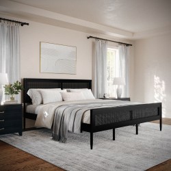 Flash Furniture Martha Stewart Jax Solid Wood Platform Bed with Rattan Headboard and Footboard, No Box Spring Required, Black, King