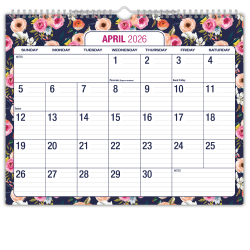 2026-2027 Excello Brands Academic Year Large Print Wall Calendar, 15" x 12", Navy Floral, April To December, Total Qty 1