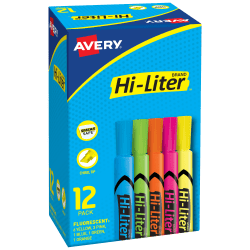 Avery® Hi-Liter® SmearSafe® Highlighters, Chisel Tip, Desk-Style, Assorted, Pack Of 12 Highlighters
