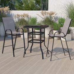 Flash Furniture Brazos 2-Person Glass-Table Outdoor Bistro Dining Set With All-Weather Patio Stools, Gray