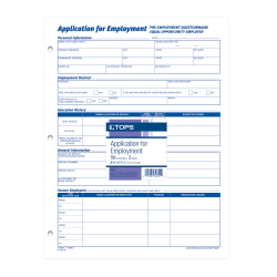 TOPS Employment Application Forms - 50 Sheet(s) - Gummed - 8.50" x 11" Sheet Size - White - White Sheet(s) - Black Print Color - 2 / Pack