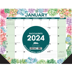 2024 Willow Creek Press Desk Pad Calendar, 22" x 17", Succulents, January To December