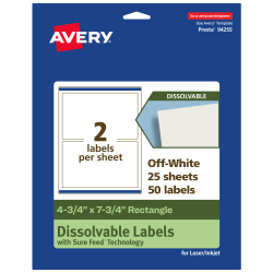 Avery® Print-to-the-Edge Dissolvable Labels With Sure Feed® Technology, 94255-DWMP25, Rectangle, 4-3/4"x7-3/4", Matte Off-White, Pack Of 50