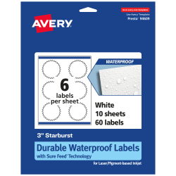 Avery® Waterproof Permanent Labels With Sure Feed®, 94609-WMF10, Starburst, 3", White, Pack Of 60
