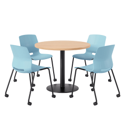 KFI Studios Proof Cafe Round Pedestal Table With Imme Caster Chairs, Includes 4 Chairs, 29"H x 36"W x 36"D, Maple Top/Black Base/Sky Blue Chairs