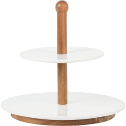 Gibson Home Gracious Dining 3-Piece 2-Tier Stoneware Server With Wooden Stand, 10-13/16", White