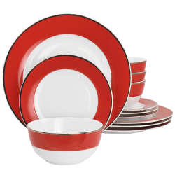 Martha Stewart Gold Rimmed 12-Piece Fine Ceramic Dinnerware Set, Red