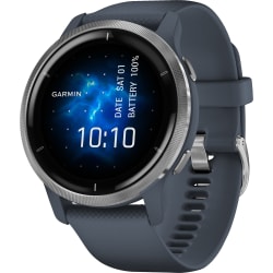 Garmin Venu 2 Smart Watch  - 1.3" - AMOLED - Touchscreen - Bluetooth - GPS - 288 Hour - Silver - Granite Blue Band - Stainless Steel, Glass Bezel, Lens