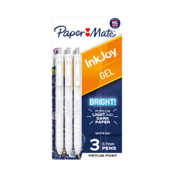 Paper Mate InkJoy Bright Retractable Gel Pens, Medium Point, 0.7 mm, White Barrels, White Ink, Pack Of 3 Pens