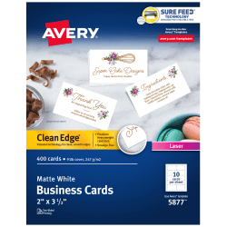 Avery® Clean Edge® Printable Business Cards With Sure Feed Technology, 2" x 3.5", White, 400 Blank Cards For Laser Printers