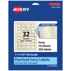 Avery® Pearlized Permanent Labels With Sure Feed®, 94219-PIP10, Rectangle, 1" x 1-1/2", Ivory, Pack Of 320 Labels