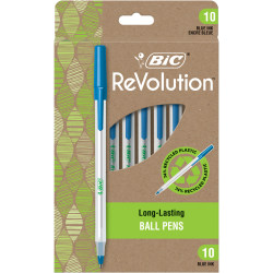 BIC® ReVolution Round Stic Pens, Medium Point, 1.0 mm, 74% Recycled, Semi-Clear Barrel, Blue Ink, Pack Of 10 Pens