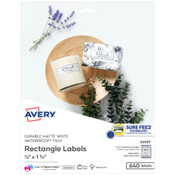 Avery® Printable Durable Waterproof Labels With Sure Feed® Technology, 64507,Rectangle, 1/2" x 1-3/4", Matte White, Pack Of 640