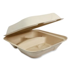 World Centric® Fiber Hinged Containers, 2-15/16"H x 8-13/16"W x 8-1/4"D, Natural, Pack Of 300 Containers
