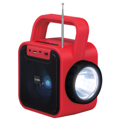 Jensen Portable Rechargeable Bluetooth® Speaker With FM Radio, Flashlight, Solar Panel And USB Port, 7.48"H x 4.09"W x 6.3"D, Red