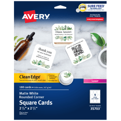 Avery Clean Edge Printable Square Cards With Sure Feed Technology & Rounded Corners, 2.5" x 2.5", White, 180 Blank Cards For Laser Printers