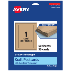 Avery® Printable Postcards With Sure Feed® Technology, 95281-KMC50, Rectangle, 6" x 9", Kraft Brown, Pack Of 50