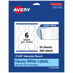 Avery® Glossy Permanent Labels With Sure Feed®, 94512-WGP50, Round, 2-3/4" Diameter, White, Pack Of 300
