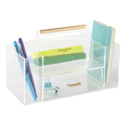 Realspace® Vayla Acrylic Desktop Caddy With Handle, 6"H x 9-7/8"W x 4-3/4"D, Clear/Gold