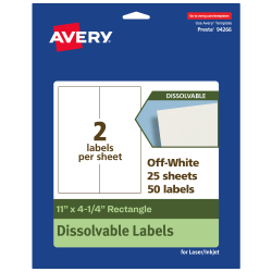 Avery® Dissolvable Labels, 94266-DWMP25, Rectangle, 11"x4-1/4", Matte Off-White, Pack Of 50