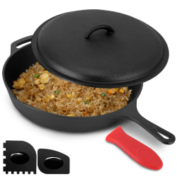 MegaChef Pre-Seasoned Cast Iron Skillet With Cast Iron Lid, 12", Black