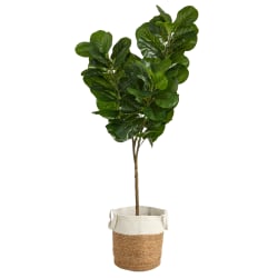 Nearly Natural Fiddle Leaf Fig 72"H Artificial Tree With Handmade Planter, 72"H x 11"W x 11"D, Green/Tan White