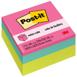 Post-it Notes Cube, 3 in. x 3 in., Bright Colors, Power Pink, Aqua Splash, Acid Lime, 400 Sheets/Cube, 1 Cube/Pack